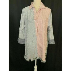 Zara Womens Navy Blue White Red Striped Long Sleeve Top Button Down Small